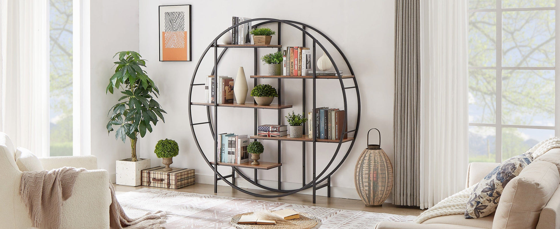 T & J Home Trends Round 5-Tier Metal Plant Stand bookcase storage rack, Indoor Living Room Terrace Garden Balcony Display Stand. Rustic Brown, 67'' W x 11.8'' D x 67'' H.