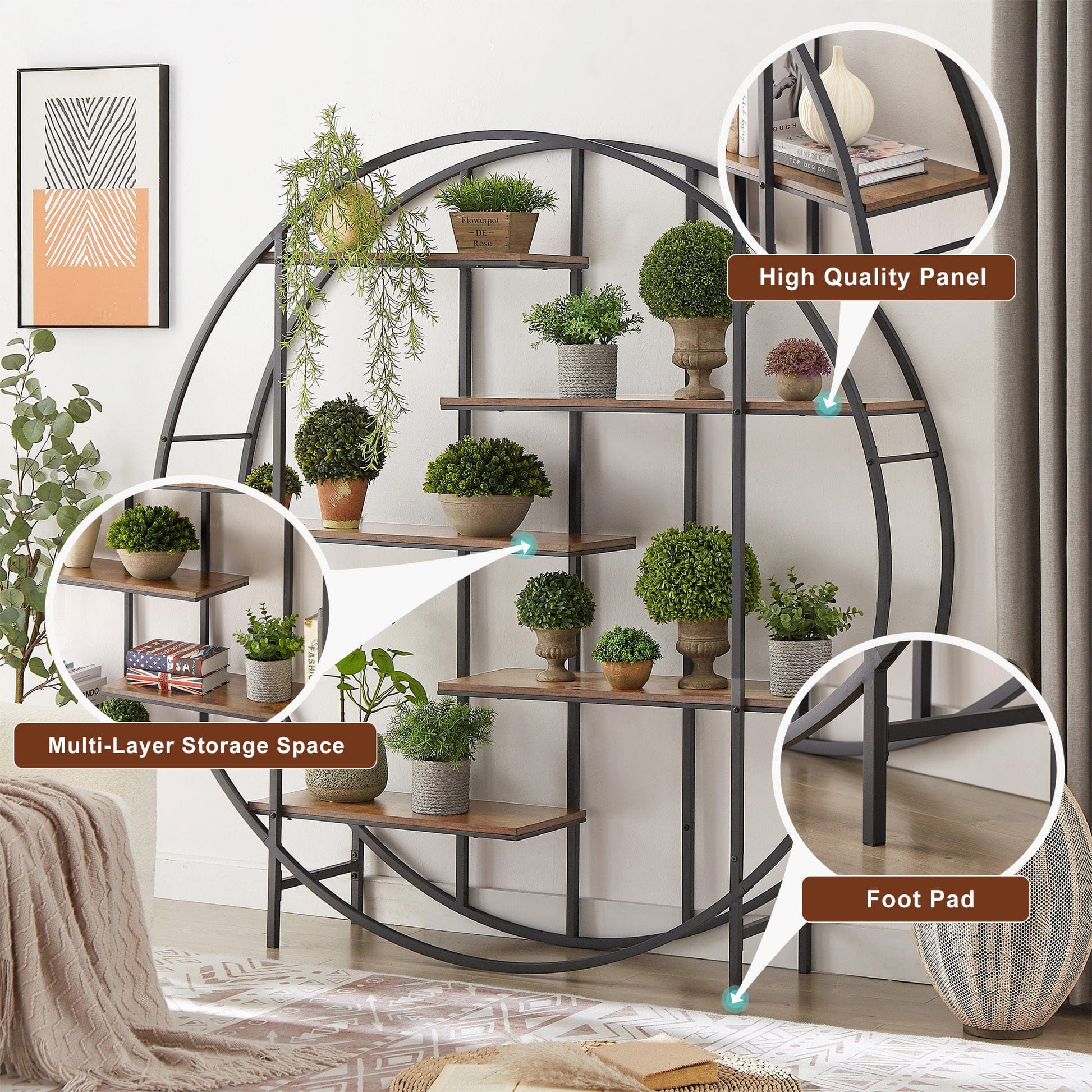 T & J Home Trends Round 5-Tier Metal Plant Stand bookcase storage rack, Indoor Living Room Terrace Garden Balcony Display Stand. Rustic Brown, 67'' W x 11.8'' D x 67'' H.