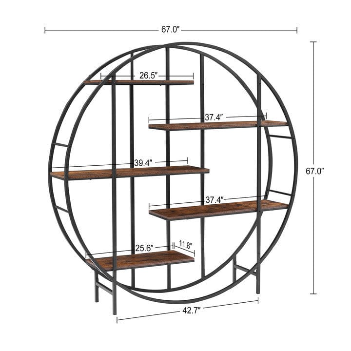 T & J Home Trends Round 5-Tier Metal Plant Stand bookcase storage rack, Indoor Living Room Terrace Garden Balcony Display Stand. Rustic Brown, 67'' W x 11.8'' D x 67'' H.