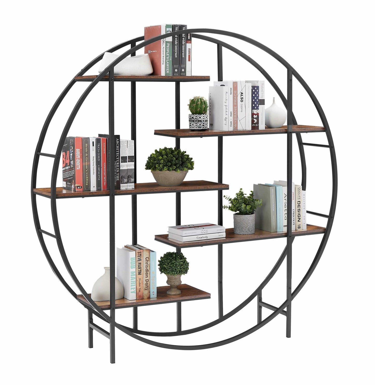 T & J Home Trends Round 5-Tier Metal Plant Stand bookcase storage rack, Indoor Living Room Terrace Garden Balcony Display Stand. Rustic Brown, 67'' W x 11.8'' D x 67'' H.