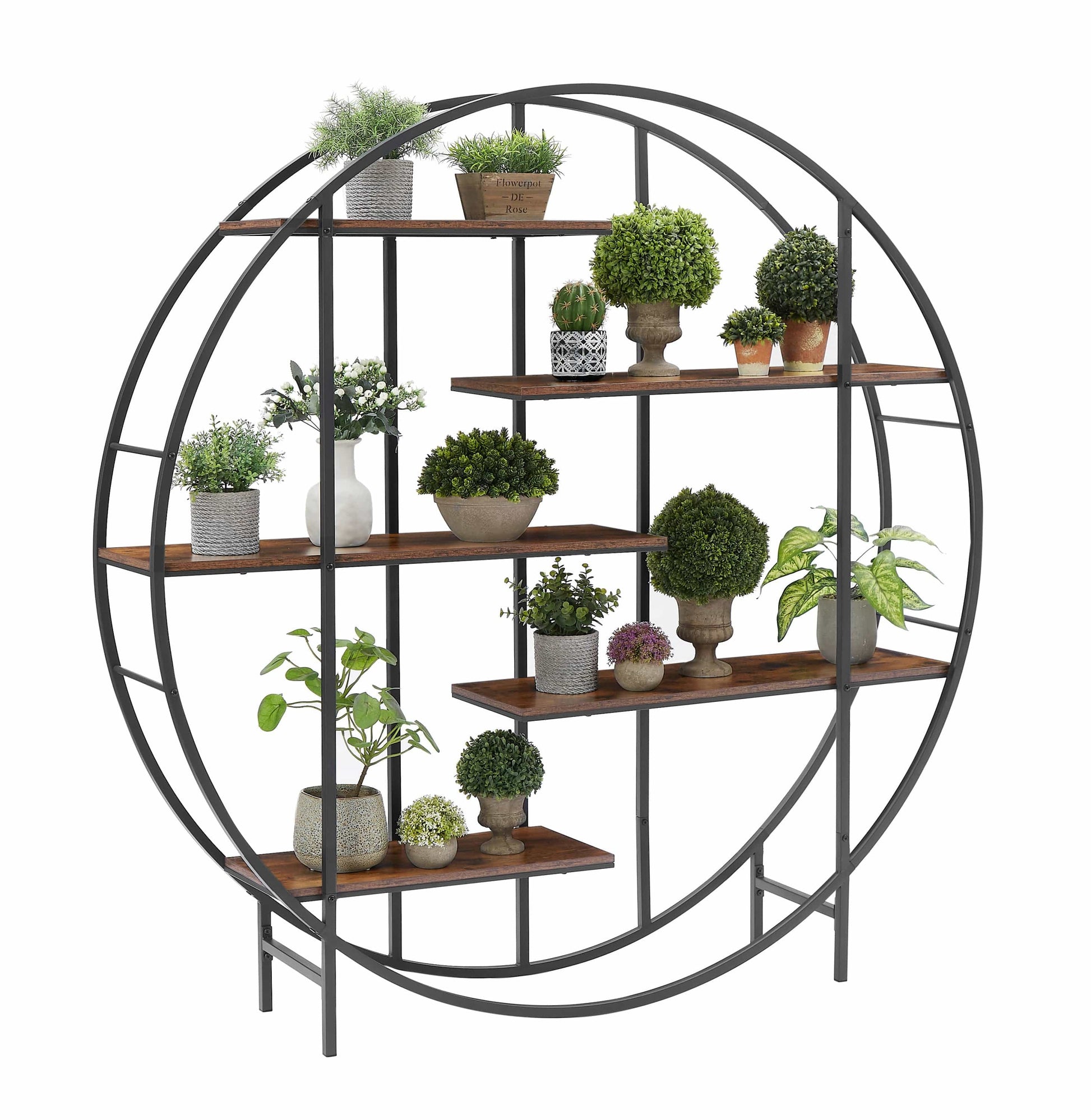 T & J Home Trends Round 5-Tier Metal Plant Stand bookcase storage rack, Indoor Living Room Terrace Garden Balcony Display Stand. Rustic Brown, 67'' W x 11.8'' D x 67'' H.