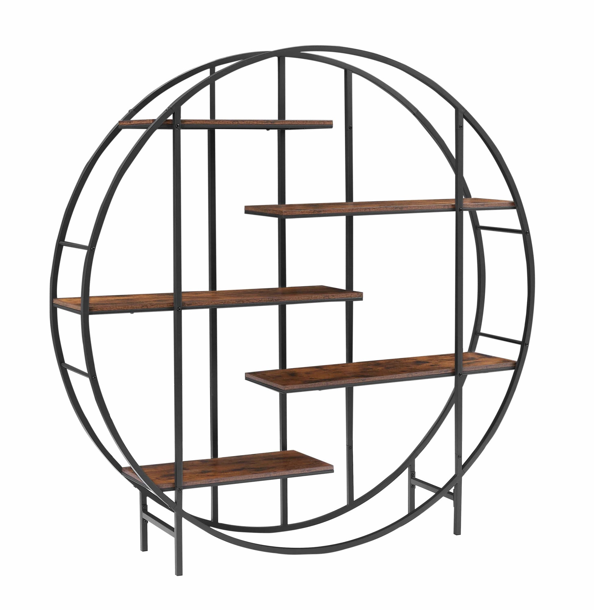 T & J Home Trends Round 5-Tier Metal Plant Stand bookcase storage rack, Indoor Living Room Terrace Garden Balcony Display Stand. Rustic Brown, 67'' W x 11.8'' D x 67'' H.