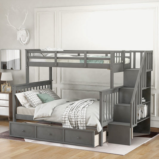 T & J Home Trends Stairway Twin-Over-Full Bunk Bed with Drawer, Storage and Guard Rail for Bedroom, Dorm, for Adults, Gray color(Old SKU: LP000219AAE)