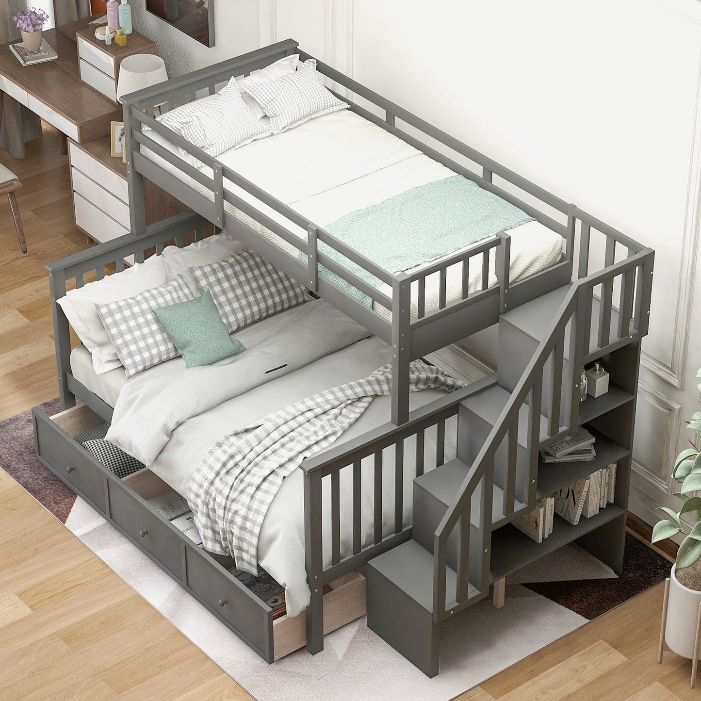 T & J Home Trends Stairway Twin-Over-Full Bunk Bed with Drawer, Storage and Guard Rail for Bedroom, Dorm, for Adults, Gray color(Old SKU: LP000219AAE)