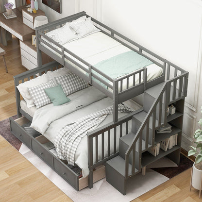 T & J Home Trends Stairway Twin-Over-Full Bunk Bed with Drawer, Storage and Guard Rail for Bedroom, Dorm, for Adults, Gray color(Old SKU: LP000219AAE)