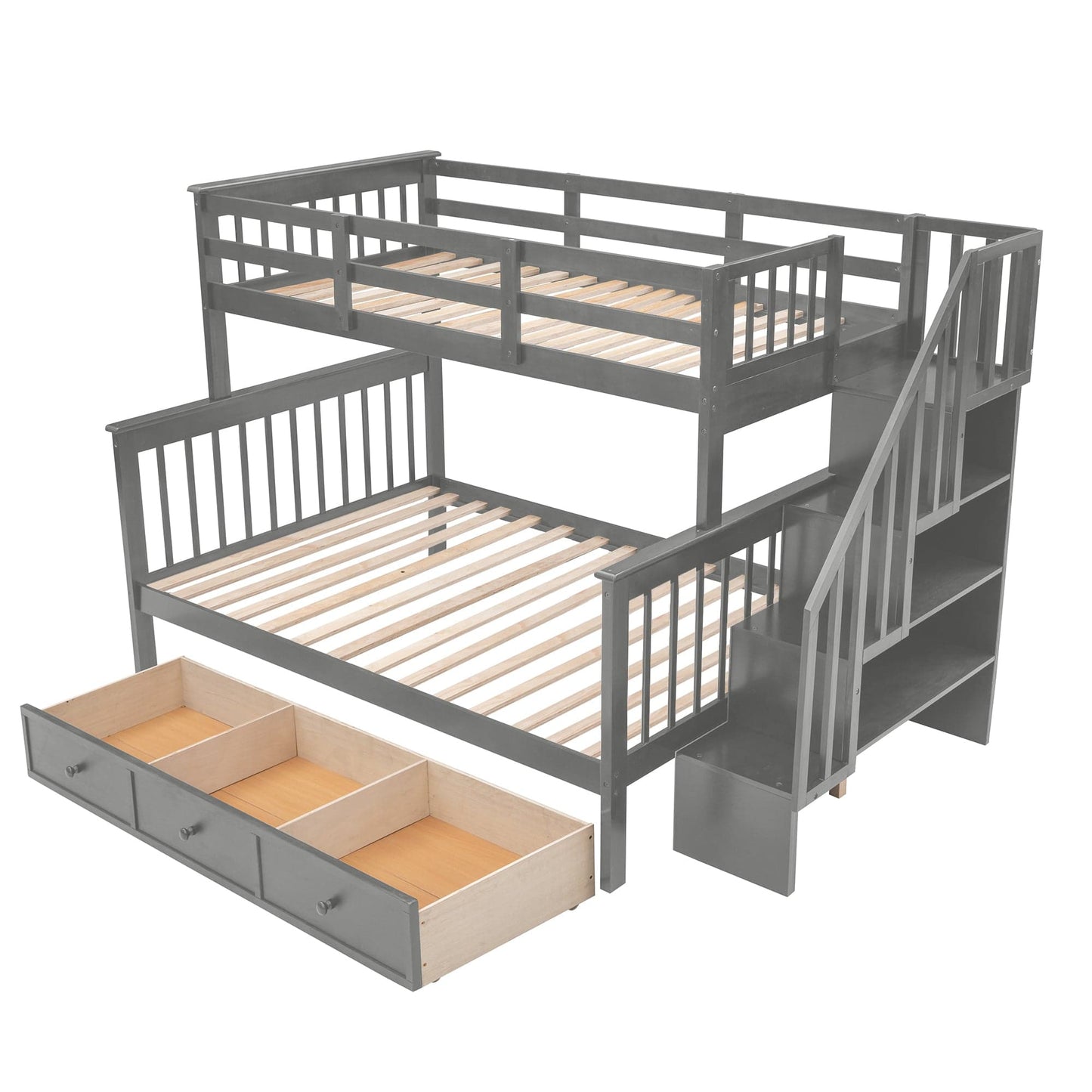 T & J Home Trends Stairway Twin-Over-Full Bunk Bed with Drawer, Storage and Guard Rail for Bedroom, Dorm, for Adults, Gray color(Old SKU: LP000219AAE)