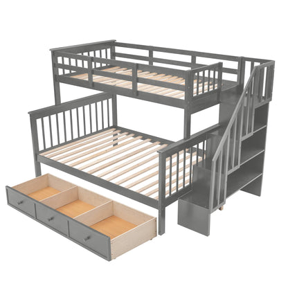 T & J Home Trends Stairway Twin-Over-Full Bunk Bed with Drawer, Storage and Guard Rail for Bedroom, Dorm, for Adults, Gray color(Old SKU: LP000219AAE)