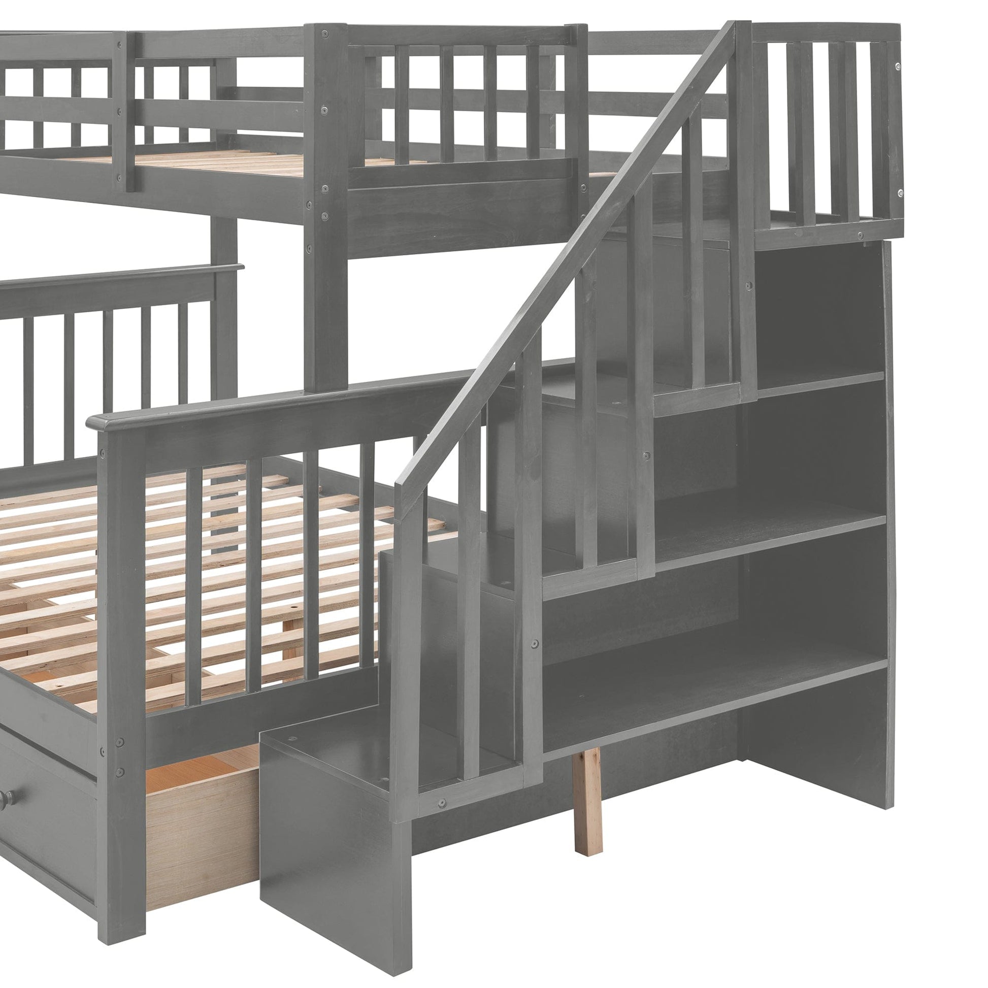 T & J Home Trends Stairway Twin-Over-Full Bunk Bed with Drawer, Storage and Guard Rail for Bedroom, Dorm, for Adults, Gray color(Old SKU: LP000219AAE)