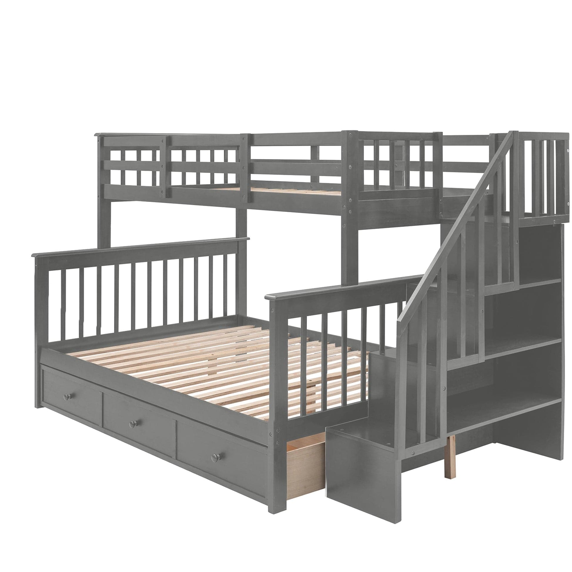 T & J Home Trends Stairway Twin-Over-Full Bunk Bed with Drawer, Storage and Guard Rail for Bedroom, Dorm, for Adults, Gray color(Old SKU: LP000219AAE)