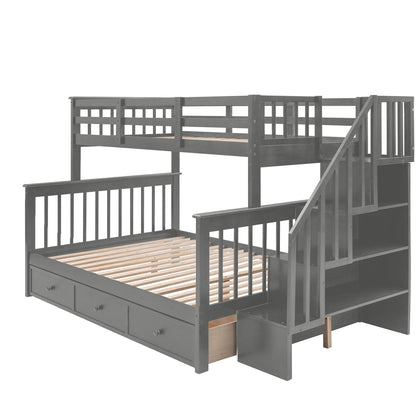 T & J Home Trends Stairway Twin-Over-Full Bunk Bed with Drawer, Storage and Guard Rail for Bedroom, Dorm, for Adults, Gray color(Old SKU: LP000219AAE)