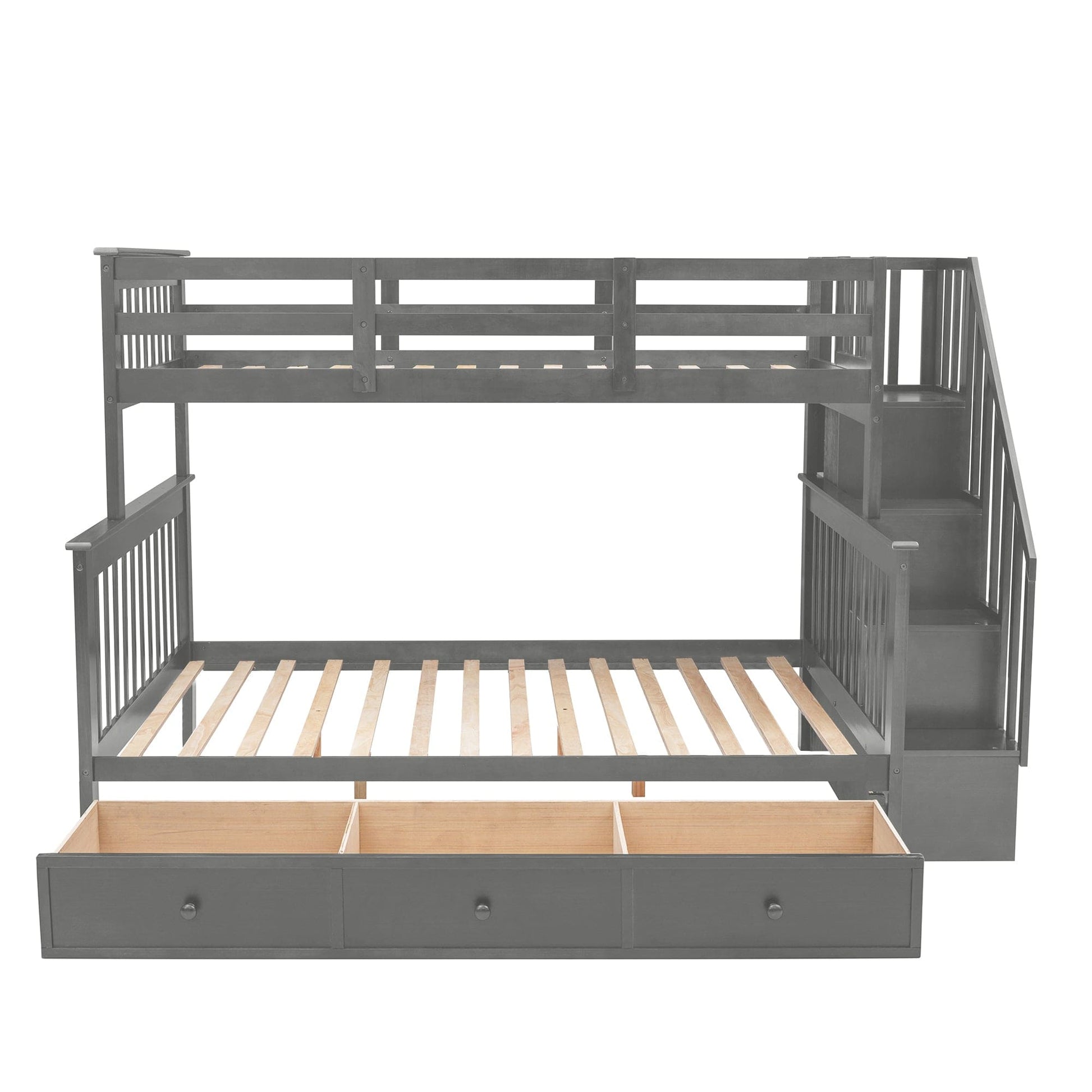 T & J Home Trends Stairway Twin-Over-Full Bunk Bed with Drawer, Storage and Guard Rail for Bedroom, Dorm, for Adults, Gray color(Old SKU: LP000219AAE)