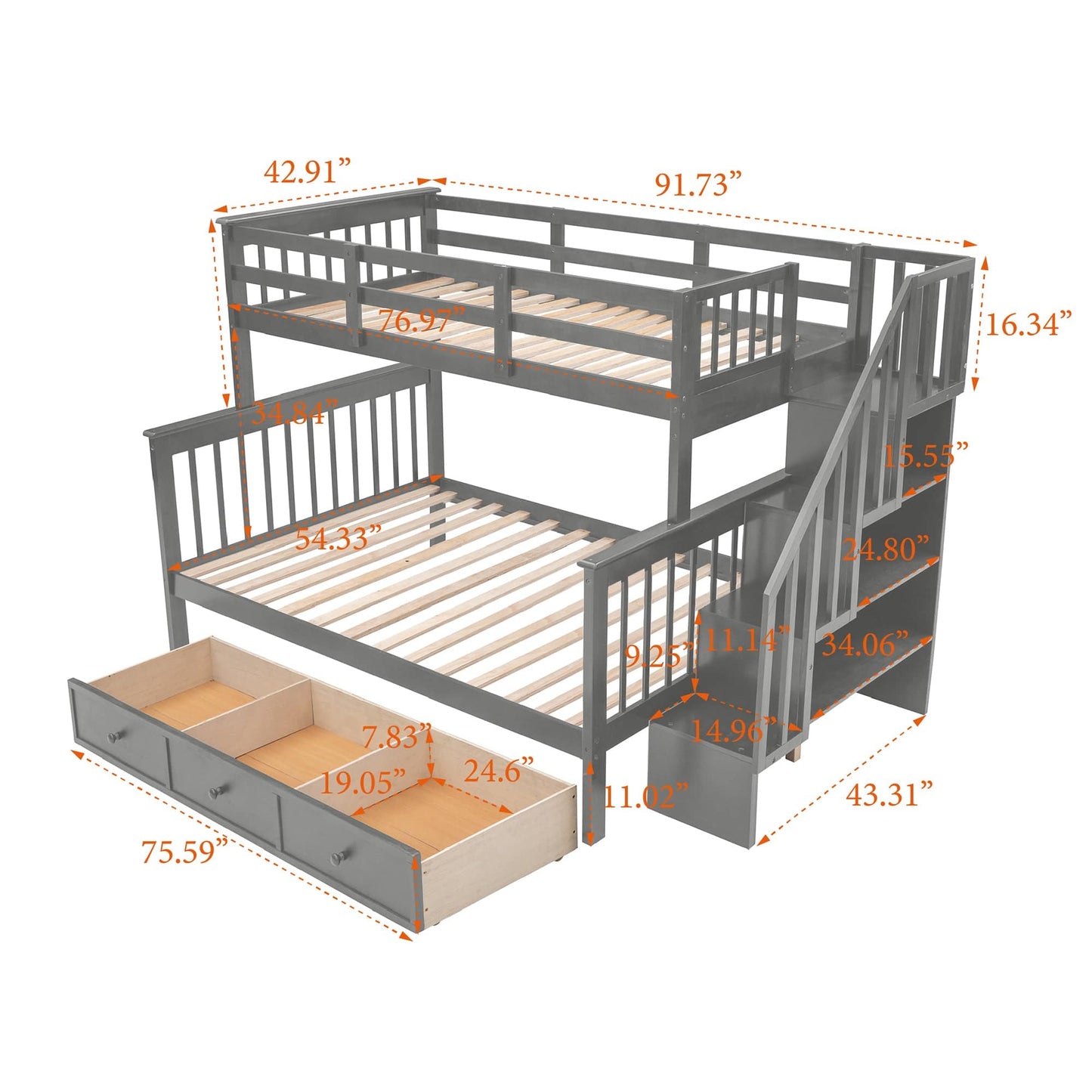 T & J Home Trends Stairway Twin-Over-Full Bunk Bed with Drawer, Storage and Guard Rail for Bedroom, Dorm, for Adults, Gray color(Old SKU: LP000219AAE)