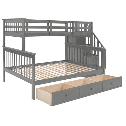 T & J Home Trends Stairway Twin-Over-Full Bunk Bed with Drawer, Storage and Guard Rail for Bedroom, Dorm, for Adults, Gray color(Old SKU: LP000219AAE)