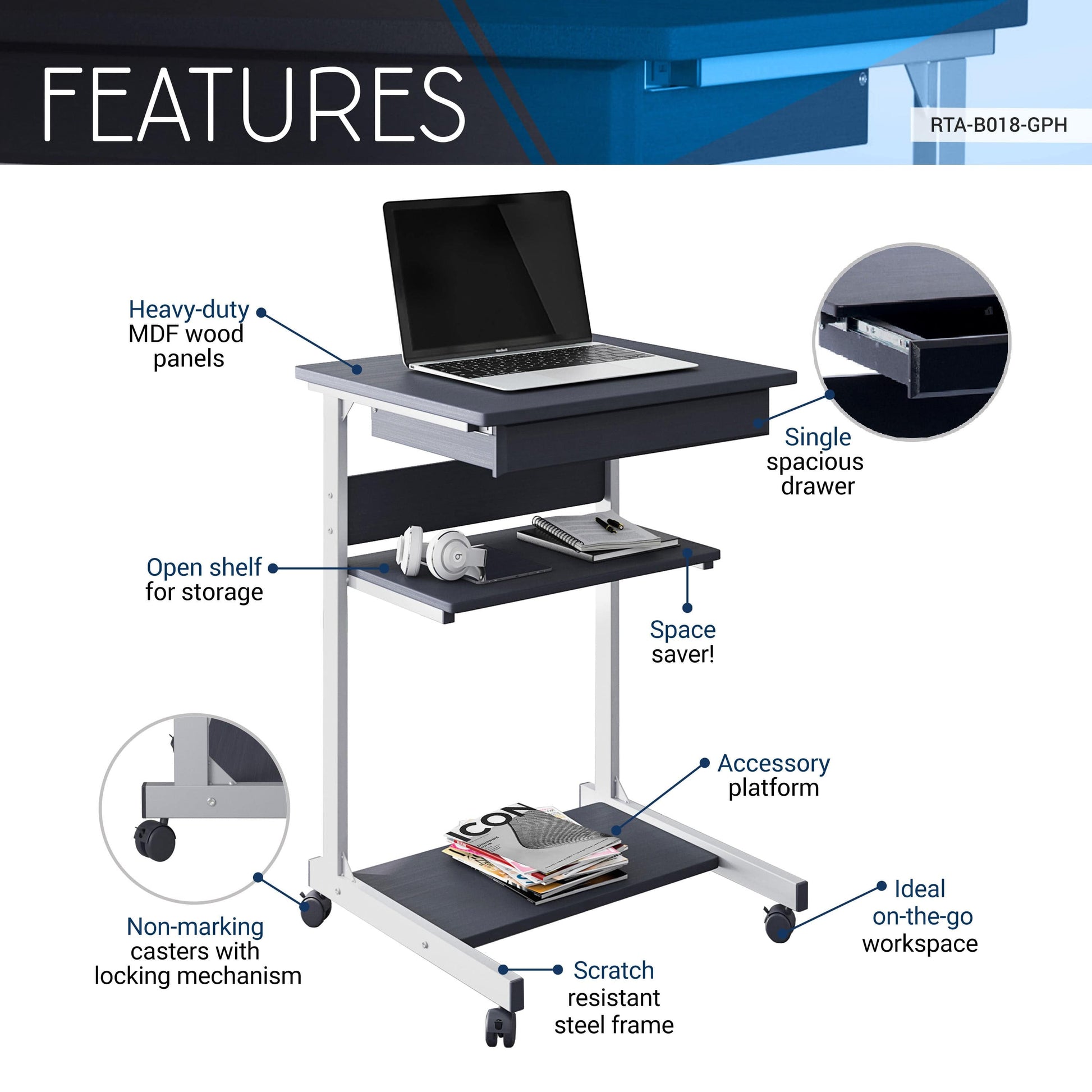 T & J Home Trends Techni Mobili Rolling Laptop Cart with Storage, Graphite