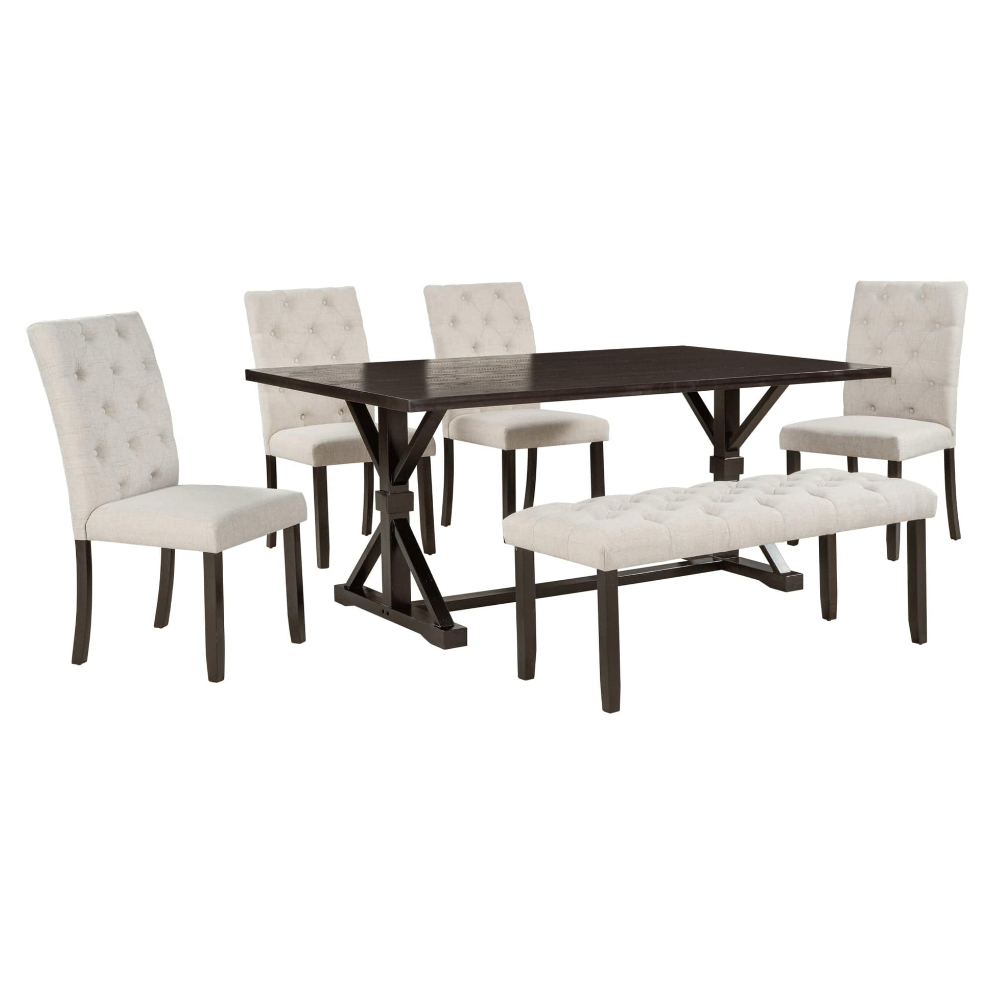 T & J Home Trends TREXM 6-Piece Farmhouse Dining Table Set 72" Wood Rectangular Table, 4 Upholstered Chairs with Bench (Espresso)