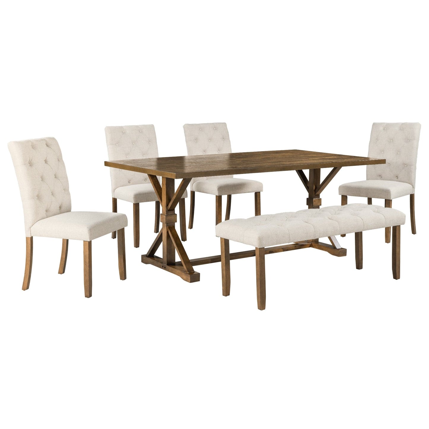 T & J Home Trends TREXM 6-Piece Farmhouse Dining Table Set 72" Wood Rectangular Table, 4 Upholstered Chairs with Bench (Walnut)