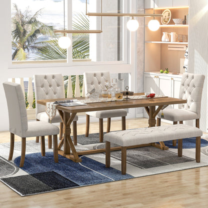 T & J Home Trends TREXM 6-Piece Farmhouse Dining Table Set 72" Wood Rectangular Table, 4 Upholstered Chairs with Bench (Walnut)