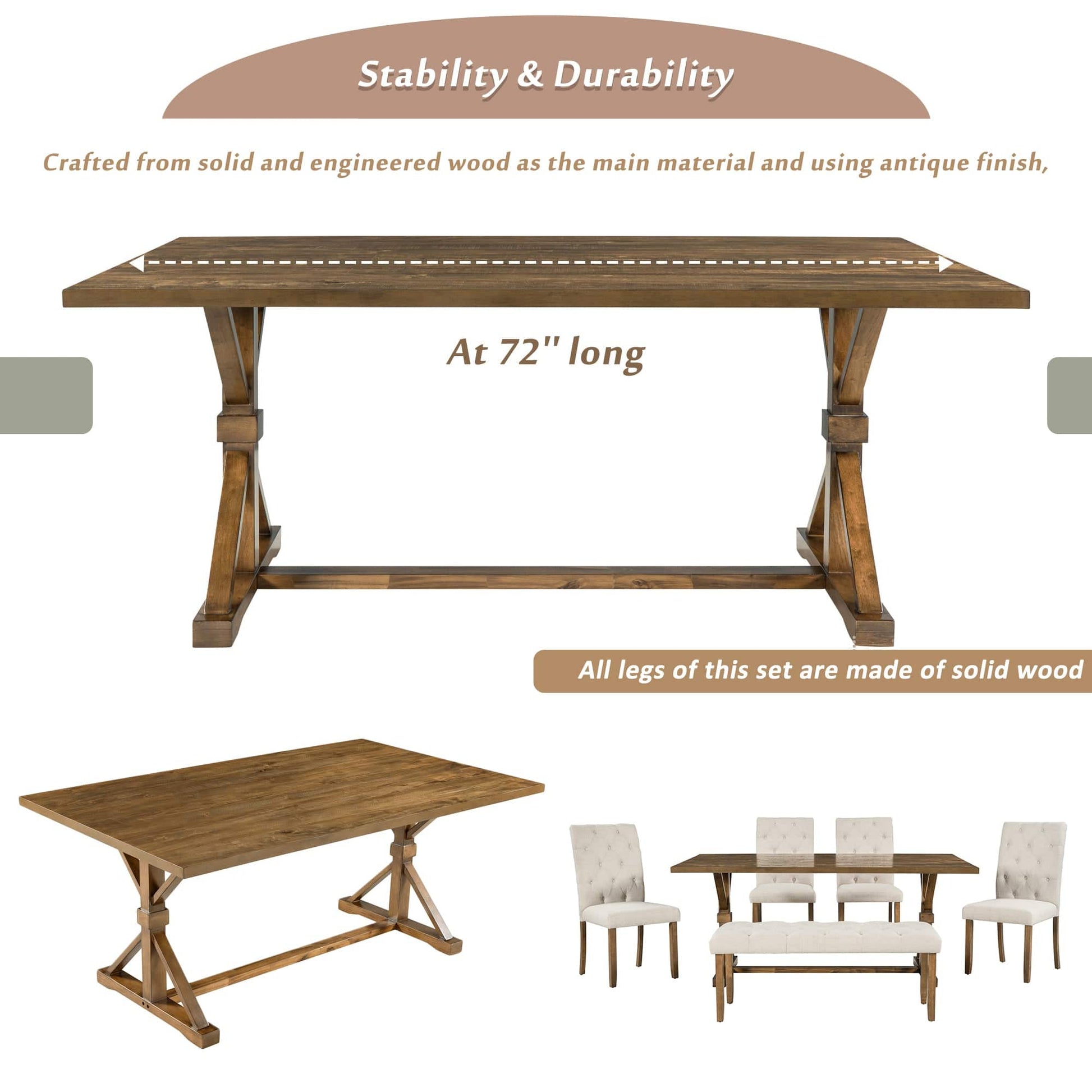 T & J Home Trends TREXM 6-Piece Farmhouse Dining Table Set 72" Wood Rectangular Table, 4 Upholstered Chairs with Bench (Walnut)