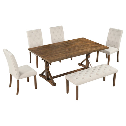 T & J Home Trends TREXM 6-Piece Farmhouse Dining Table Set 72" Wood Rectangular Table, 4 Upholstered Chairs with Bench (Walnut)