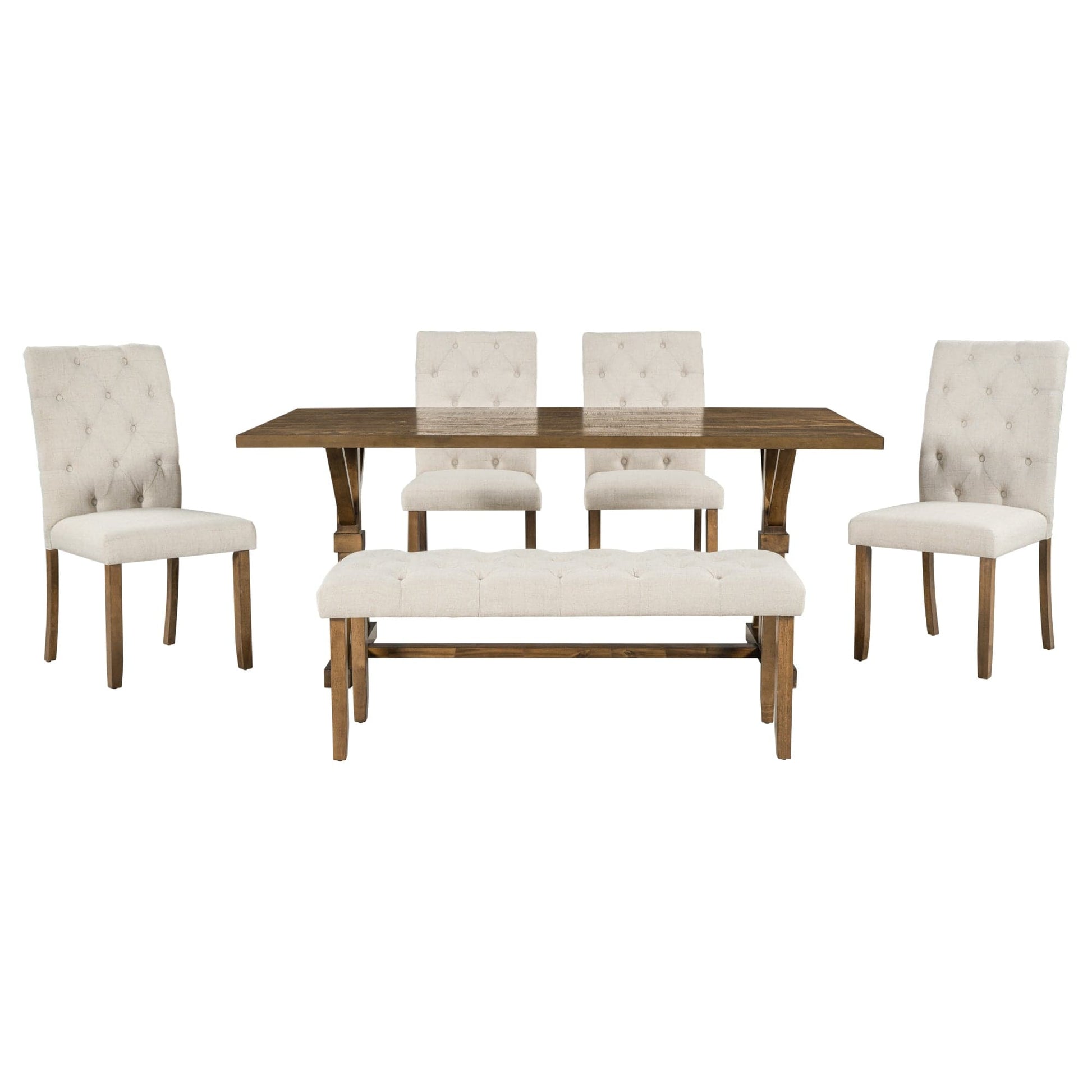 T & J Home Trends TREXM 6-Piece Farmhouse Dining Table Set 72" Wood Rectangular Table, 4 Upholstered Chairs with Bench (Walnut)