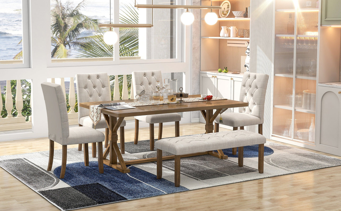 T & J Home Trends TREXM 6-Piece Farmhouse Dining Table Set 72" Wood Rectangular Table, 4 Upholstered Chairs with Bench (Walnut)