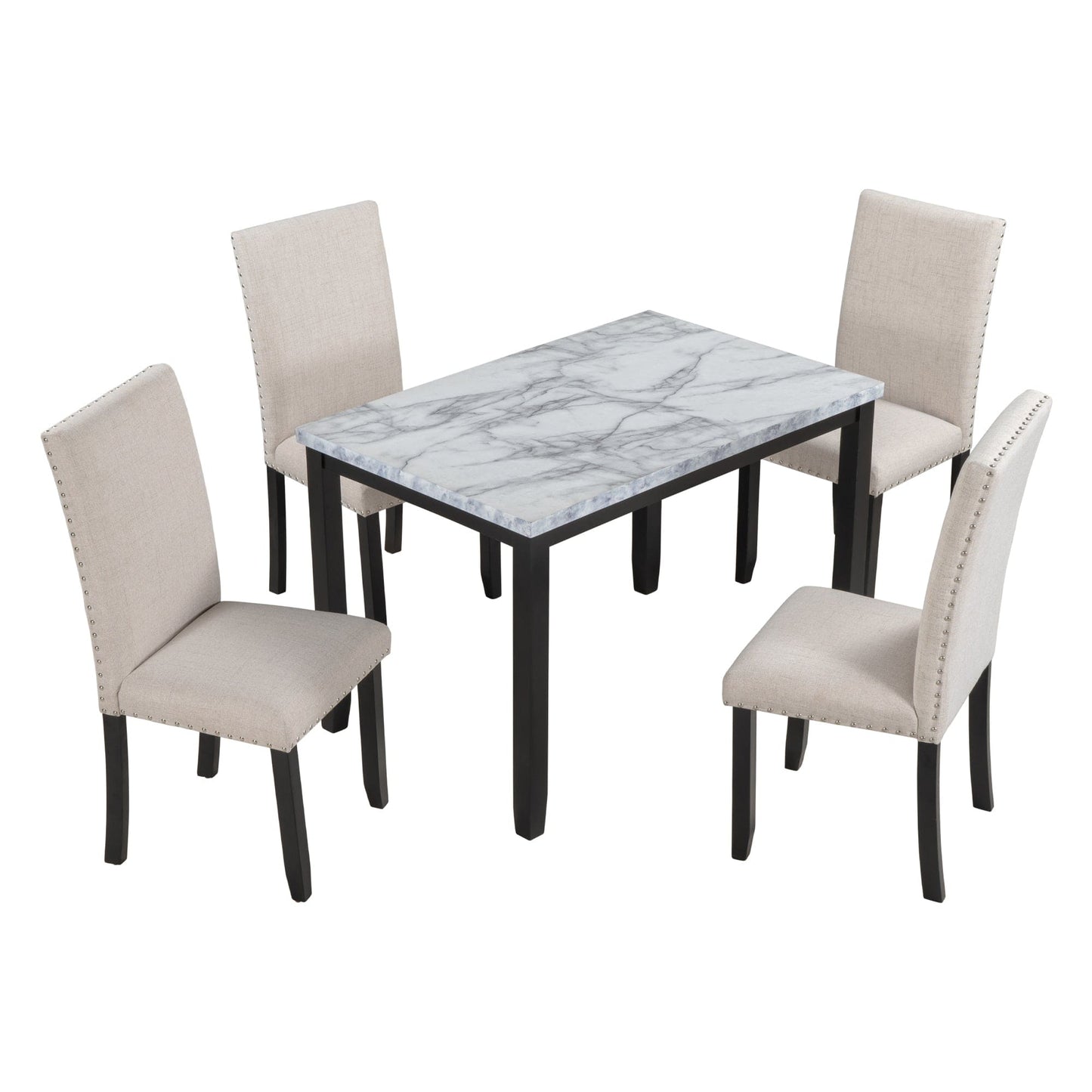 T & J Home Trends TREXM Faux Marble 5-Piece Dining Set Table with 4 Thicken Cushion Dining Chairs Home Furniture, White/Beige+Black