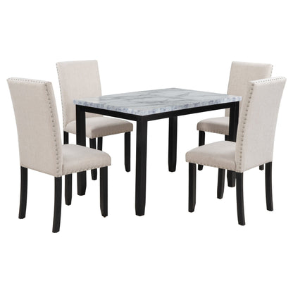 T & J Home Trends TREXM Faux Marble 5-Piece Dining Set Table with 4 Thicken Cushion Dining Chairs Home Furniture, White/Beige+Black