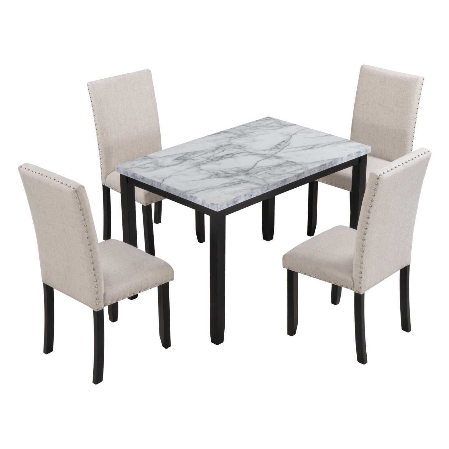 T & J Home Trends TREXM Faux Marble 5-Piece Dining Set Table with 4 Thicken Cushion Dining Chairs Home Furniture, White/Beige+Black