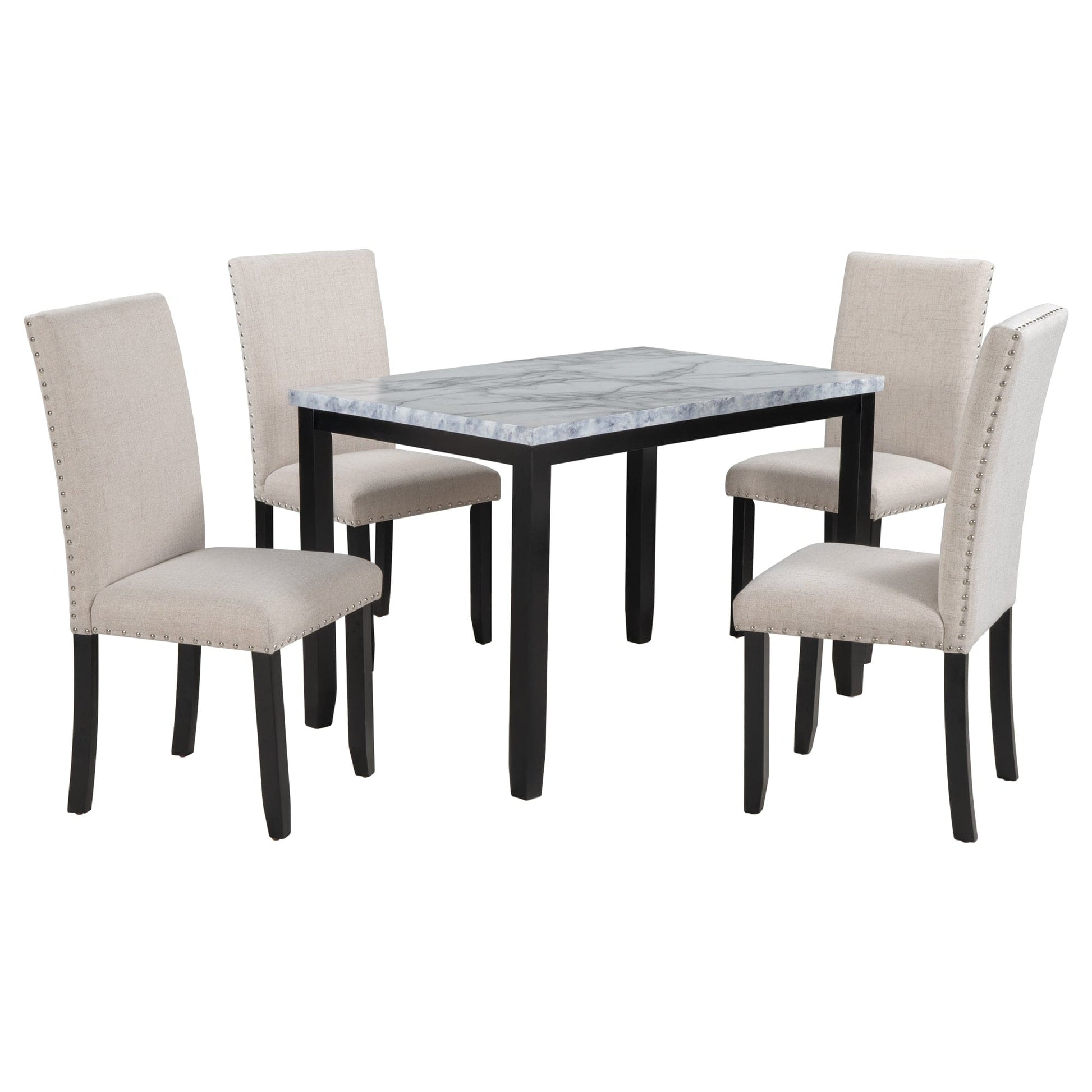 T & J Home Trends TREXM Faux Marble 5-Piece Dining Set Table with 4 Thicken Cushion Dining Chairs Home Furniture, White/Beige+Black