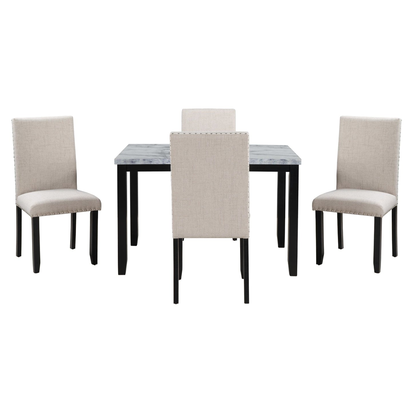 T & J Home Trends TREXM Faux Marble 5-Piece Dining Set Table with 4 Thicken Cushion Dining Chairs Home Furniture, White/Beige+Black