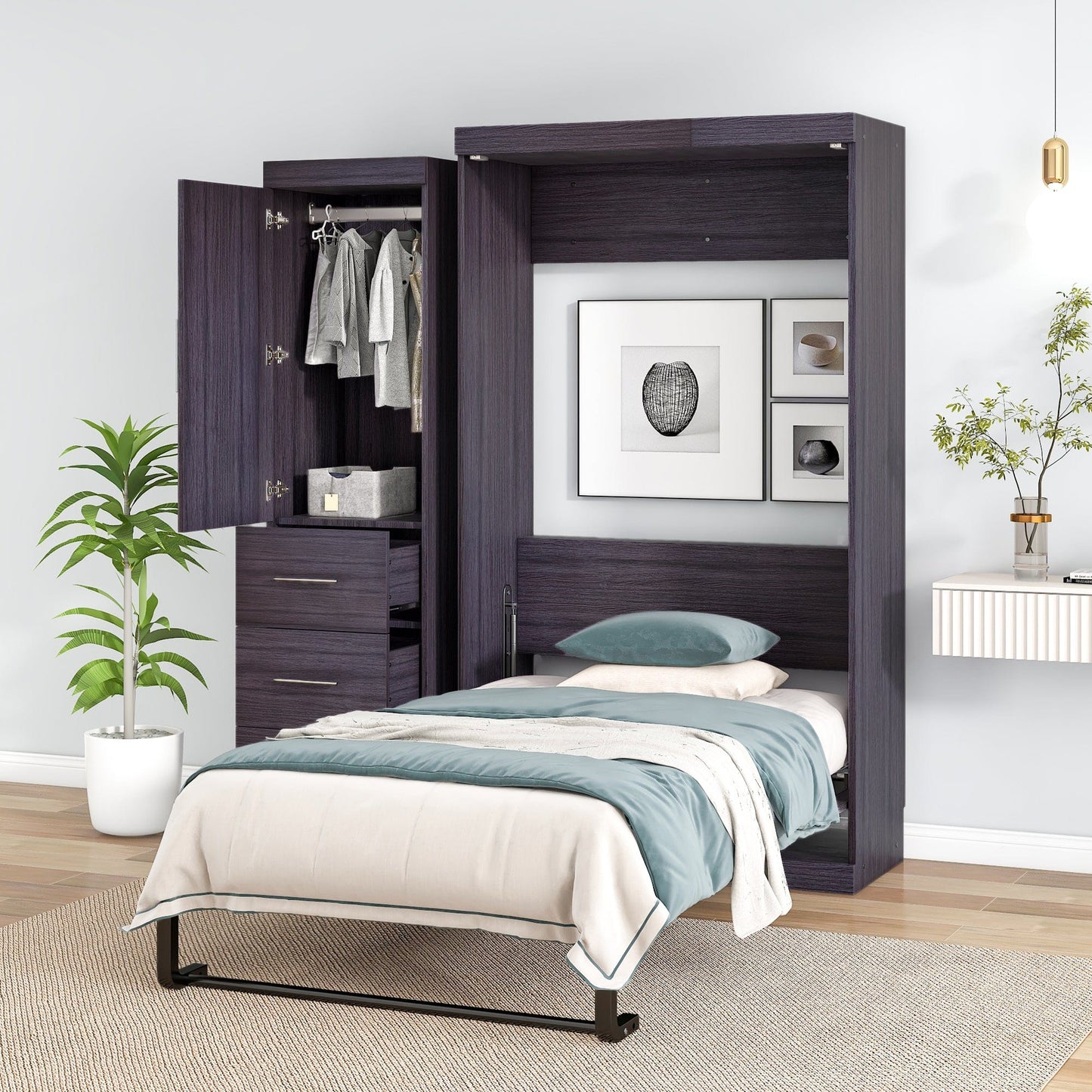 T & J Home Trends Twin Size Murphy Bed with Wardrobe and Drawers, Storage Bed, can be Folded into a Cabinet, Gray