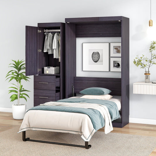 T & J Home Trends Twin Size Murphy Bed with Wardrobe and Drawers, Storage Bed, can be Folded into a Cabinet, Gray