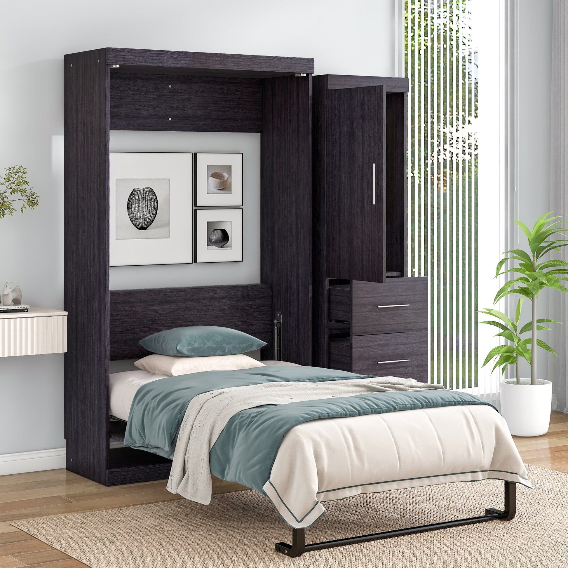 T & J Home Trends Twin Size Murphy Bed with Wardrobe and Drawers, Storage Bed, can be Folded into a Cabinet, Gray