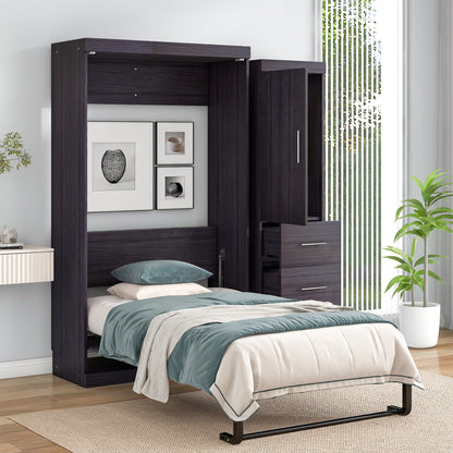 T & J Home Trends Twin Size Murphy Bed with Wardrobe and Drawers, Storage Bed, can be Folded into a Cabinet, Gray