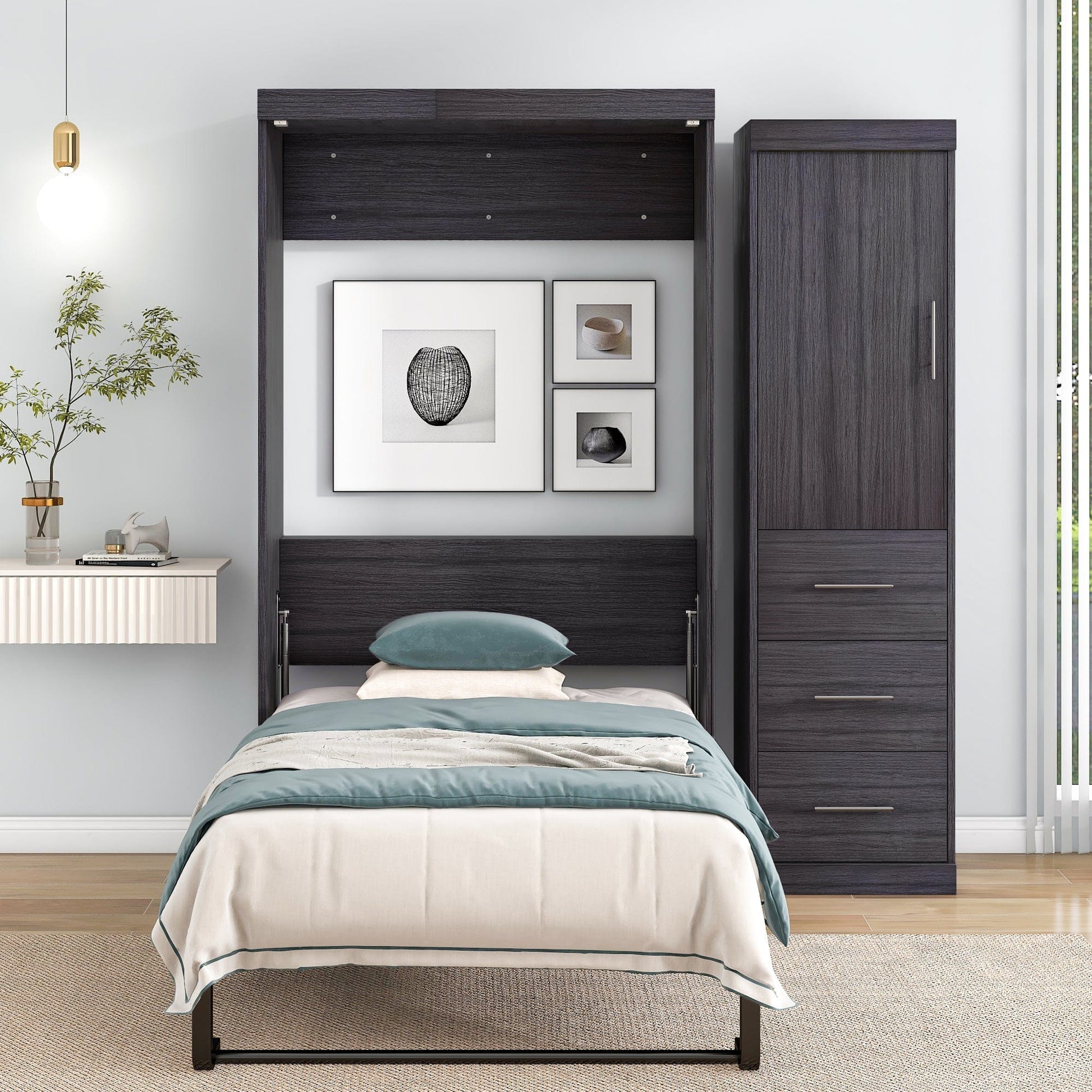 T & J Home Trends Twin Size Murphy Bed with Wardrobe and Drawers, Storage Bed, can be Folded into a Cabinet, Gray