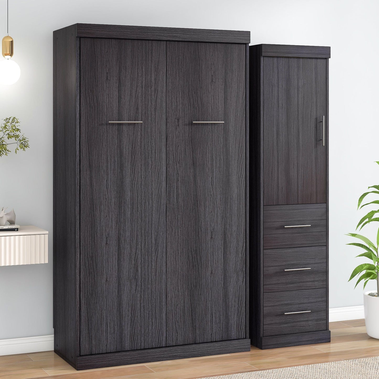 T & J Home Trends Twin Size Murphy Bed with Wardrobe and Drawers, Storage Bed, can be Folded into a Cabinet, Gray