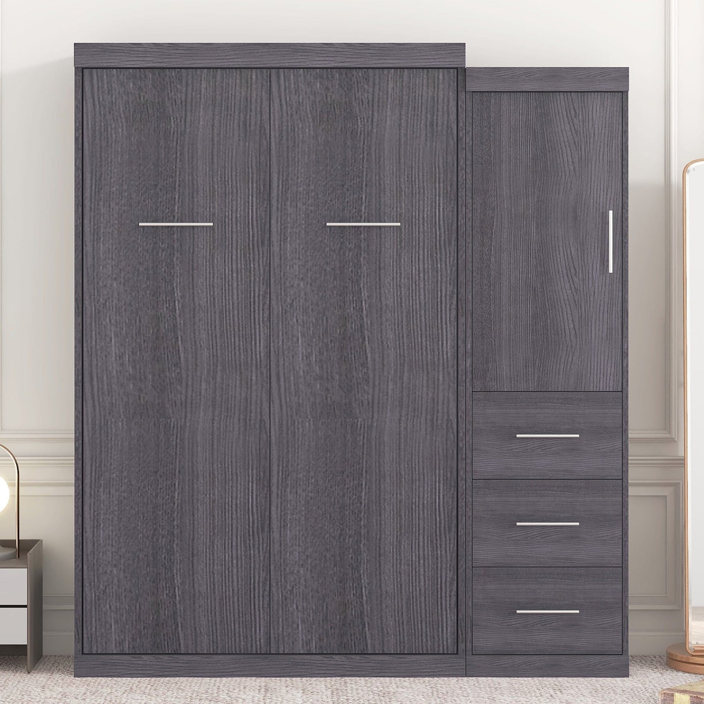 T & J Home Trends Twin Size Murphy Bed with Wardrobe and Drawers, Storage Bed, can be Folded into a Cabinet, Gray