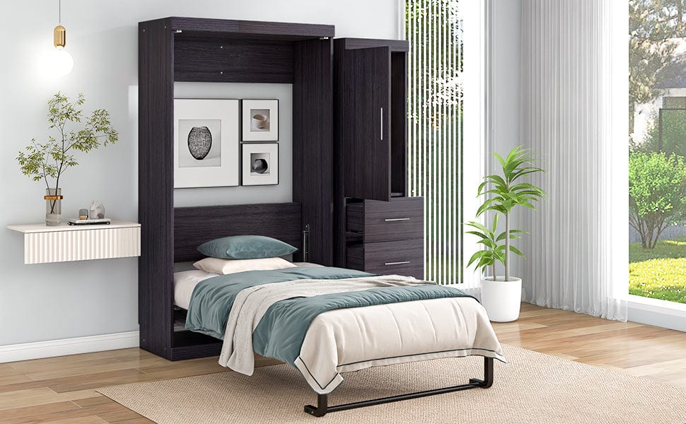 T & J Home Trends Twin Size Murphy Bed with Wardrobe and Drawers, Storage Bed, can be Folded into a Cabinet, Gray