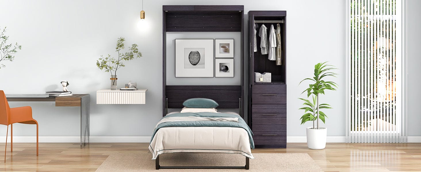 T & J Home Trends Twin Size Murphy Bed with Wardrobe and Drawers, Storage Bed, can be Folded into a Cabinet, Gray