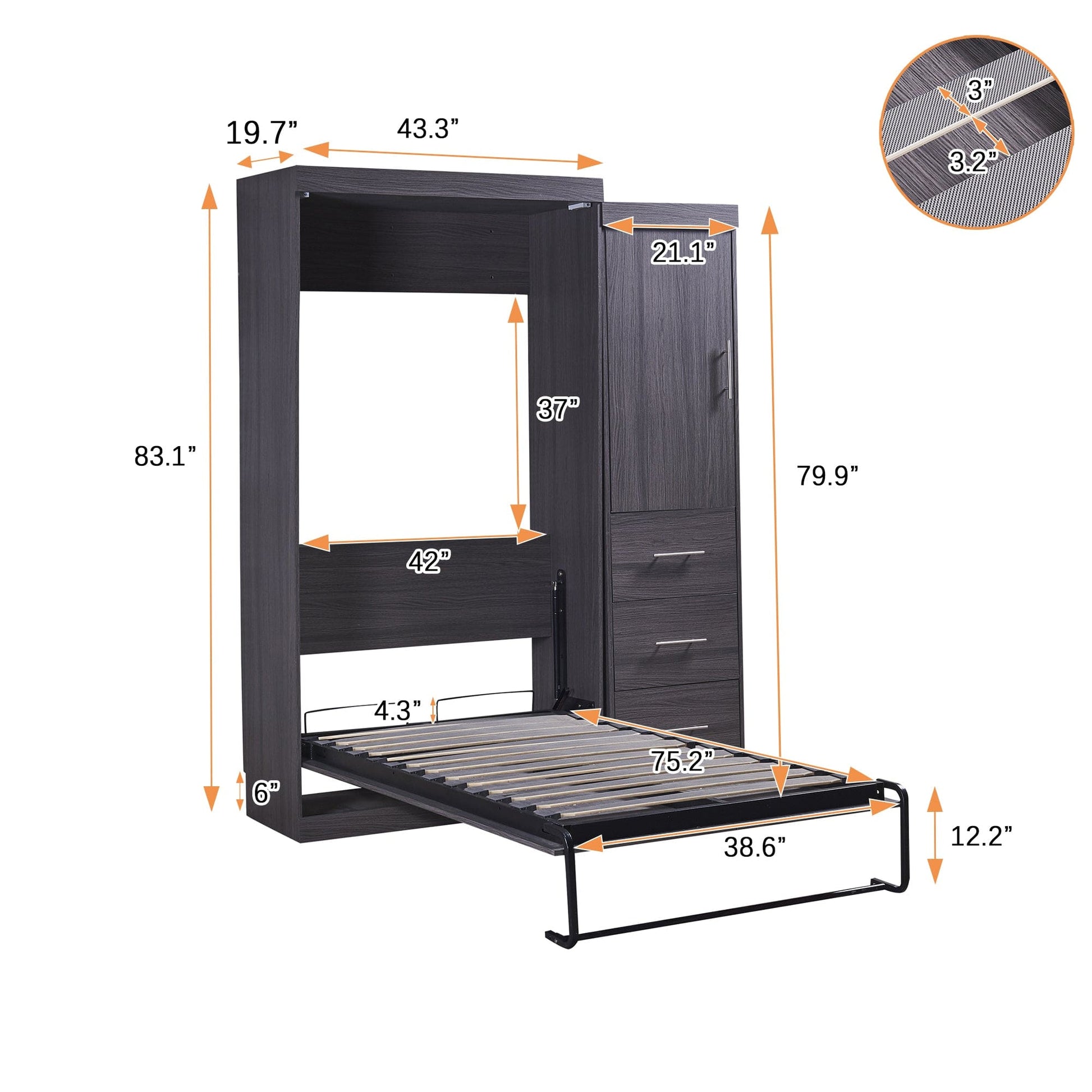 T & J Home Trends Twin Size Murphy Bed with Wardrobe and Drawers, Storage Bed, can be Folded into a Cabinet, Gray