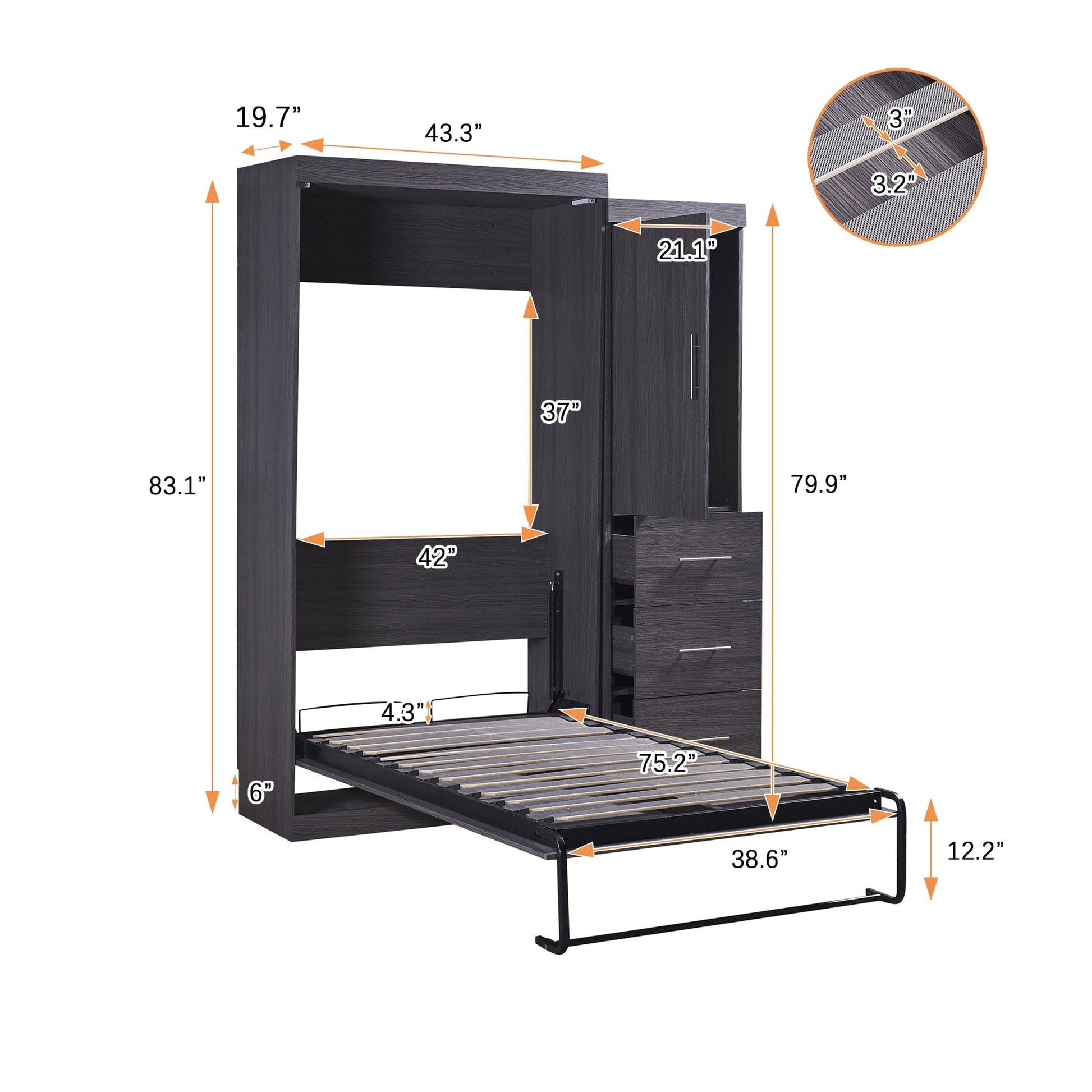 T & J Home Trends Twin Size Murphy Bed with Wardrobe and Drawers, Storage Bed, can be Folded into a Cabinet, Gray