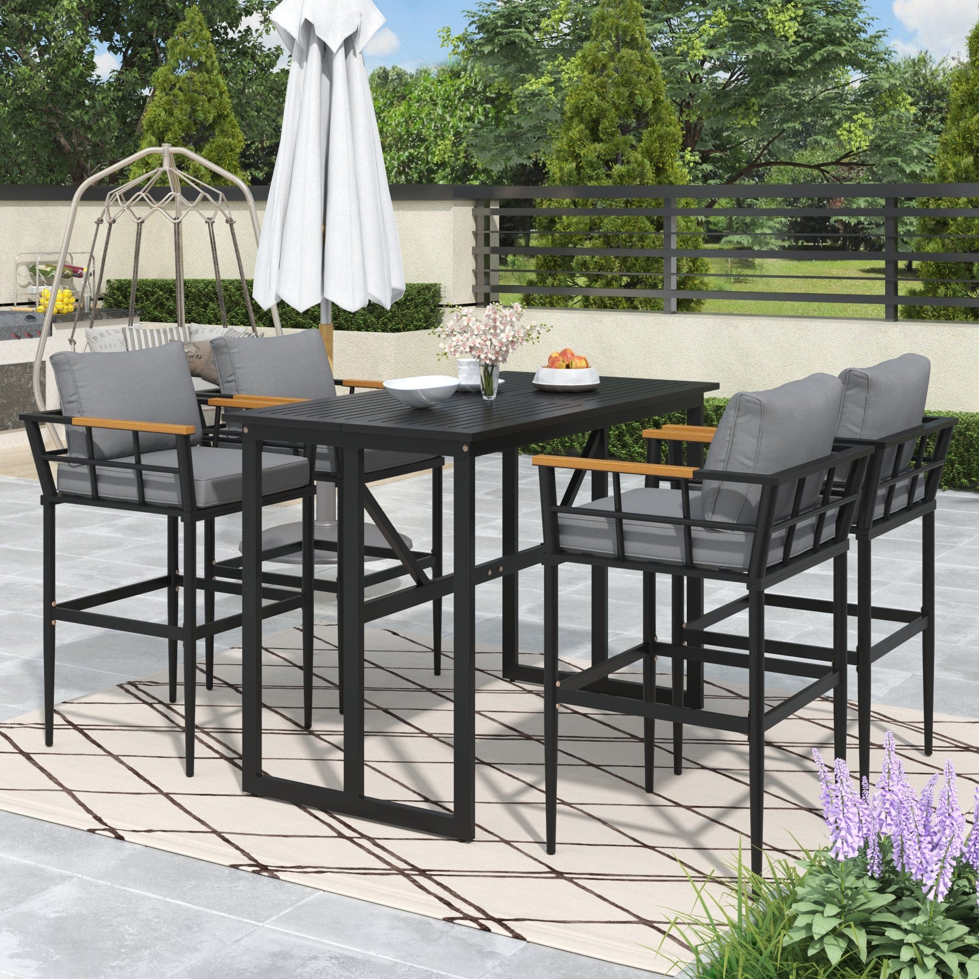 T & J Home Trends U_Style Steel Outdoor Dining Set with Acacia Wood Armrest Suitable For Patio, Balcony Or Backyard