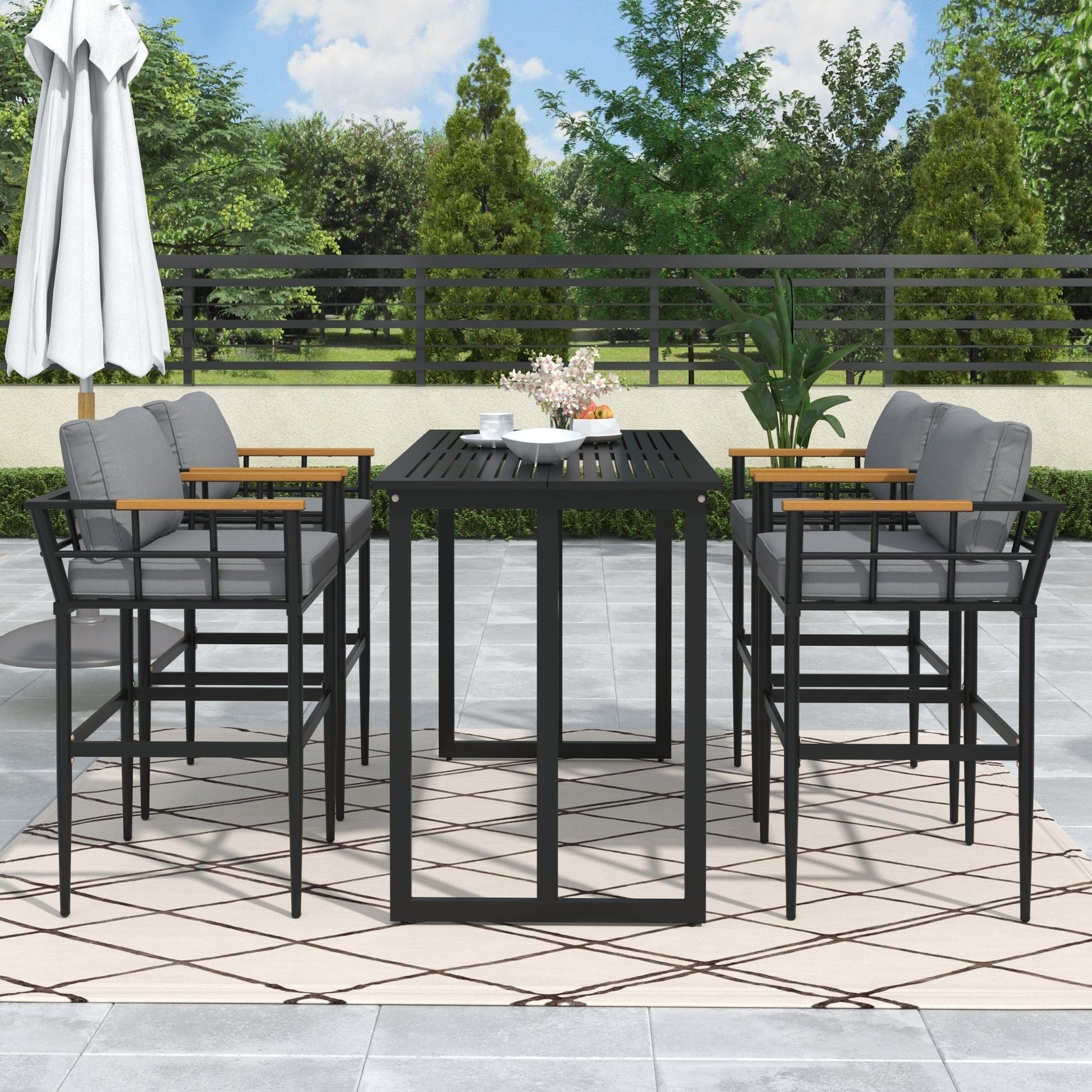 T & J Home Trends U_Style Steel Outdoor Dining Set with Acacia Wood Armrest Suitable For Patio, Balcony Or Backyard