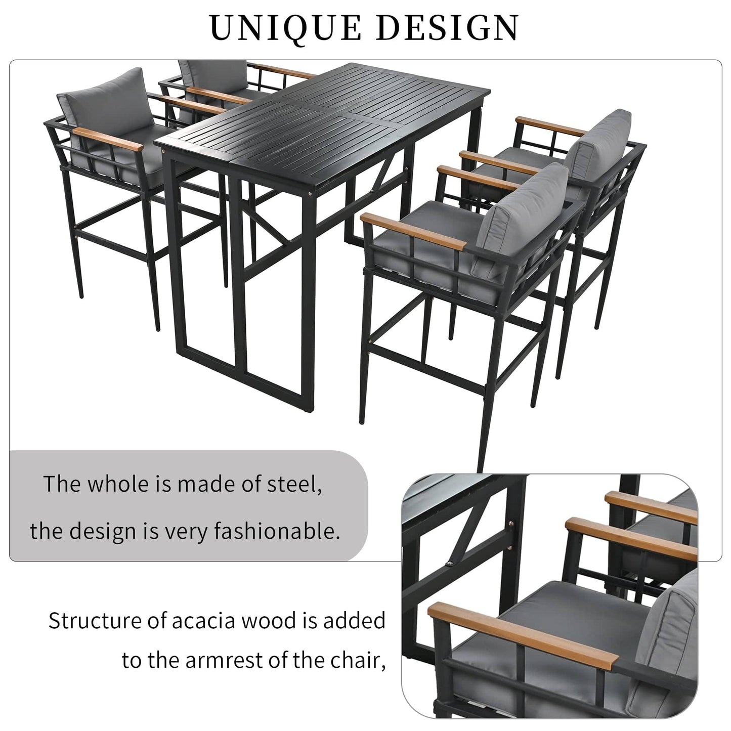 T & J Home Trends U_Style Steel Outdoor Dining Set with Acacia Wood Armrest Suitable For Patio, Balcony Or Backyard