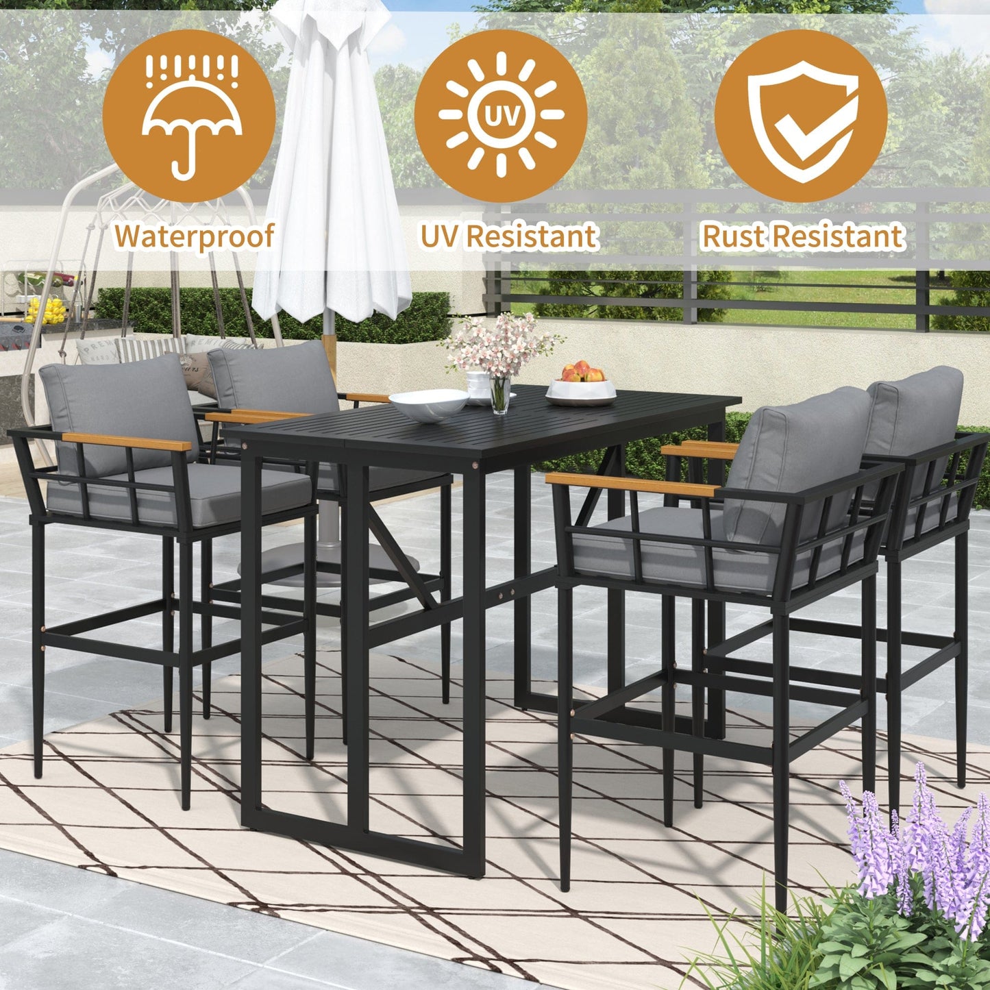 T & J Home Trends U_Style Steel Outdoor Dining Set with Acacia Wood Armrest Suitable For Patio, Balcony Or Backyard