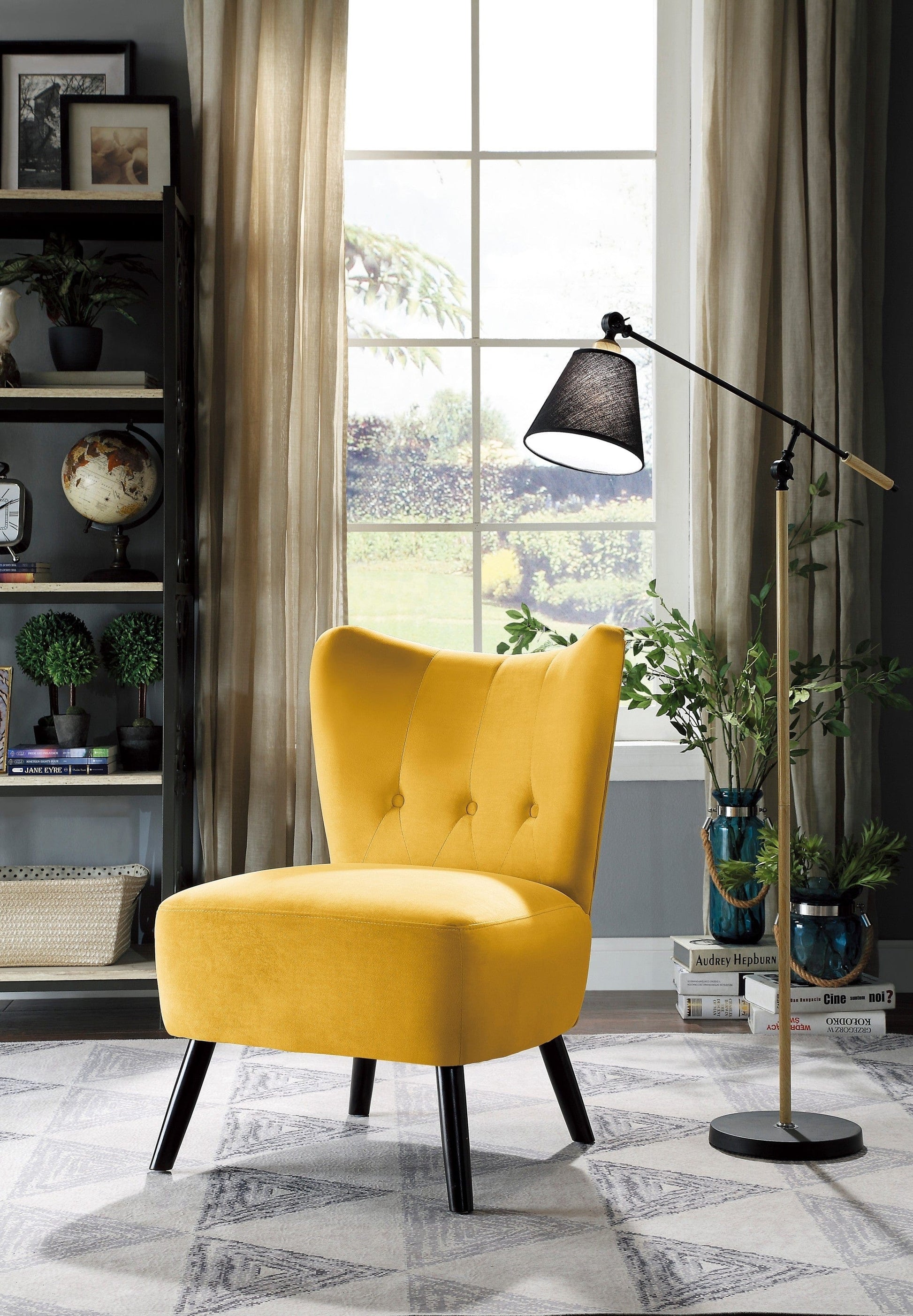 T & J Home Trends Unique Style Accent Chair Yellow Velvet Covering Button-Tufted Back Brown Finish Wood Legs Modern Home Furniture