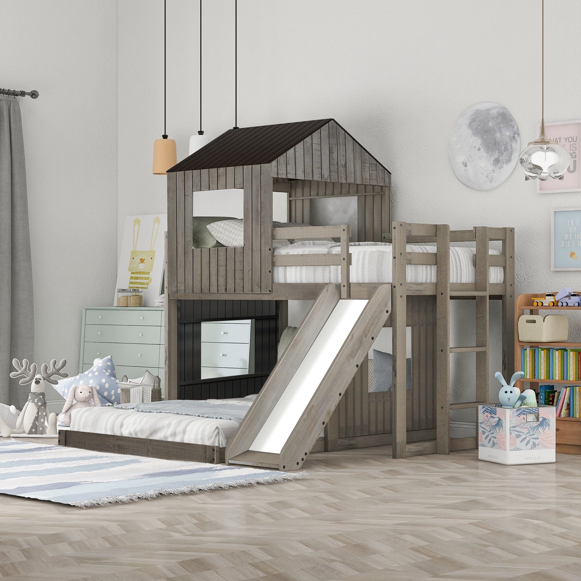 T & J Home Trends Wooden Twin Over Full Bunk Bed, Loft Bed with Playhouse, Farmhouse, Ladder, Slide and Guardrails, Antique Gray(OLD SKU :LT000028AAE)