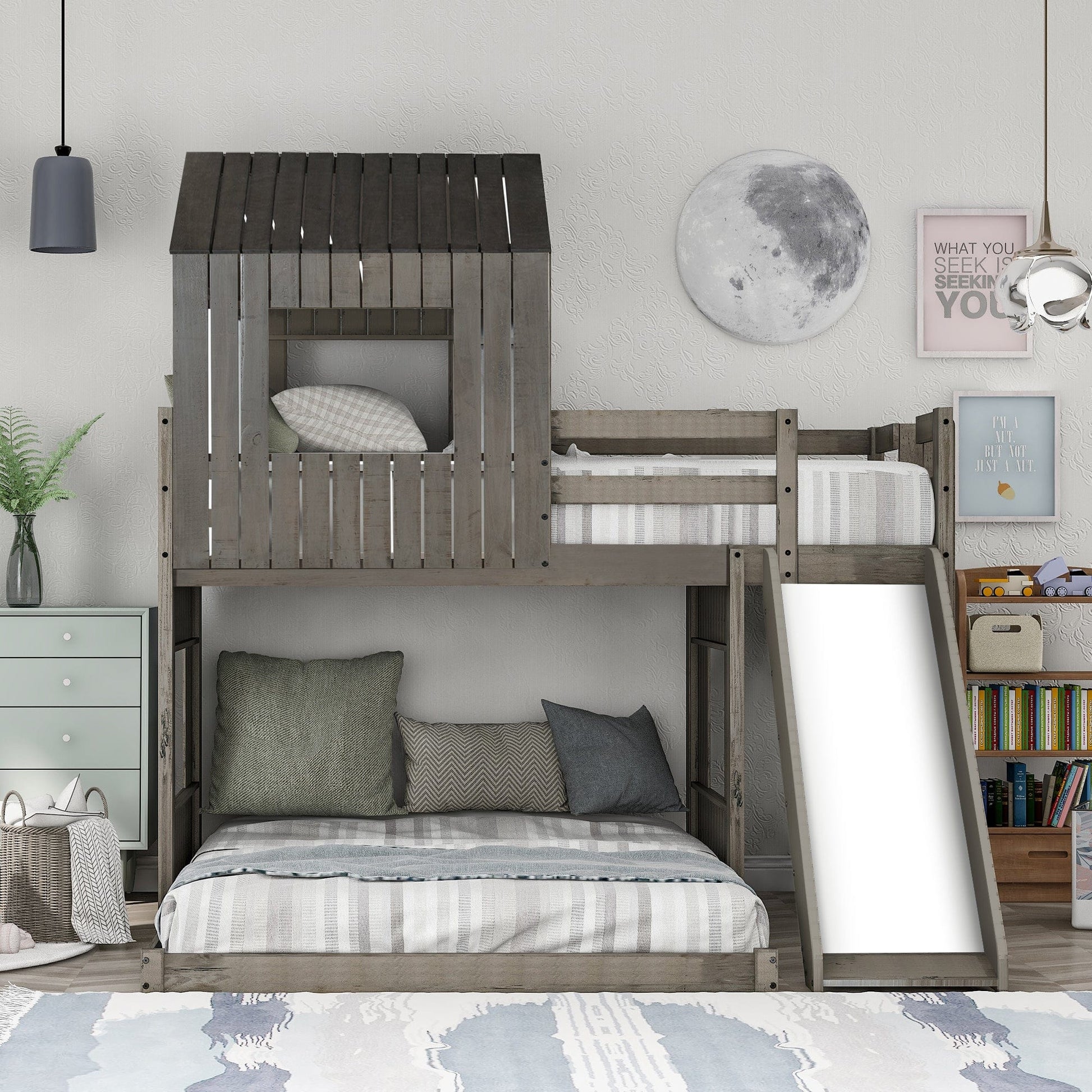 T & J Home Trends Wooden Twin Over Full Bunk Bed, Loft Bed with Playhouse, Farmhouse, Ladder, Slide and Guardrails, Antique Gray(OLD SKU :LT000028AAE)