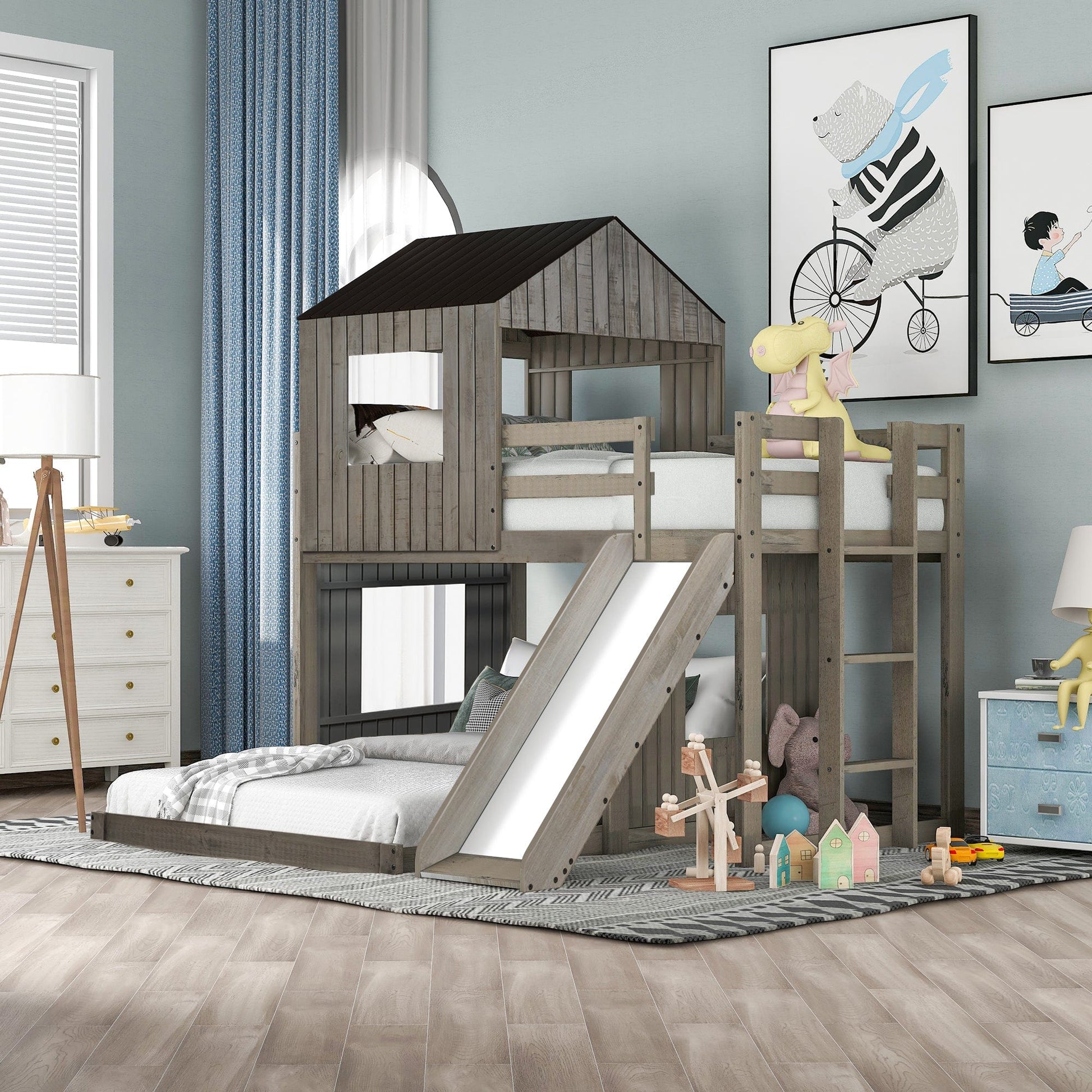 T & J Home Trends Wooden Twin Over Full Bunk Bed, Loft Bed with Playhouse, Farmhouse, Ladder, Slide and Guardrails, Antique Gray(OLD SKU :LT000028AAE)