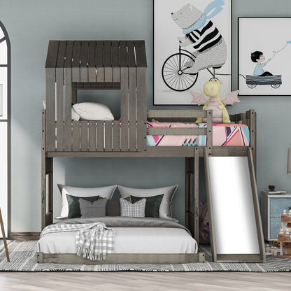 T & J Home Trends Wooden Twin Over Full Bunk Bed, Loft Bed with Playhouse, Farmhouse, Ladder, Slide and Guardrails, Antique Gray(OLD SKU :LT000028AAE)